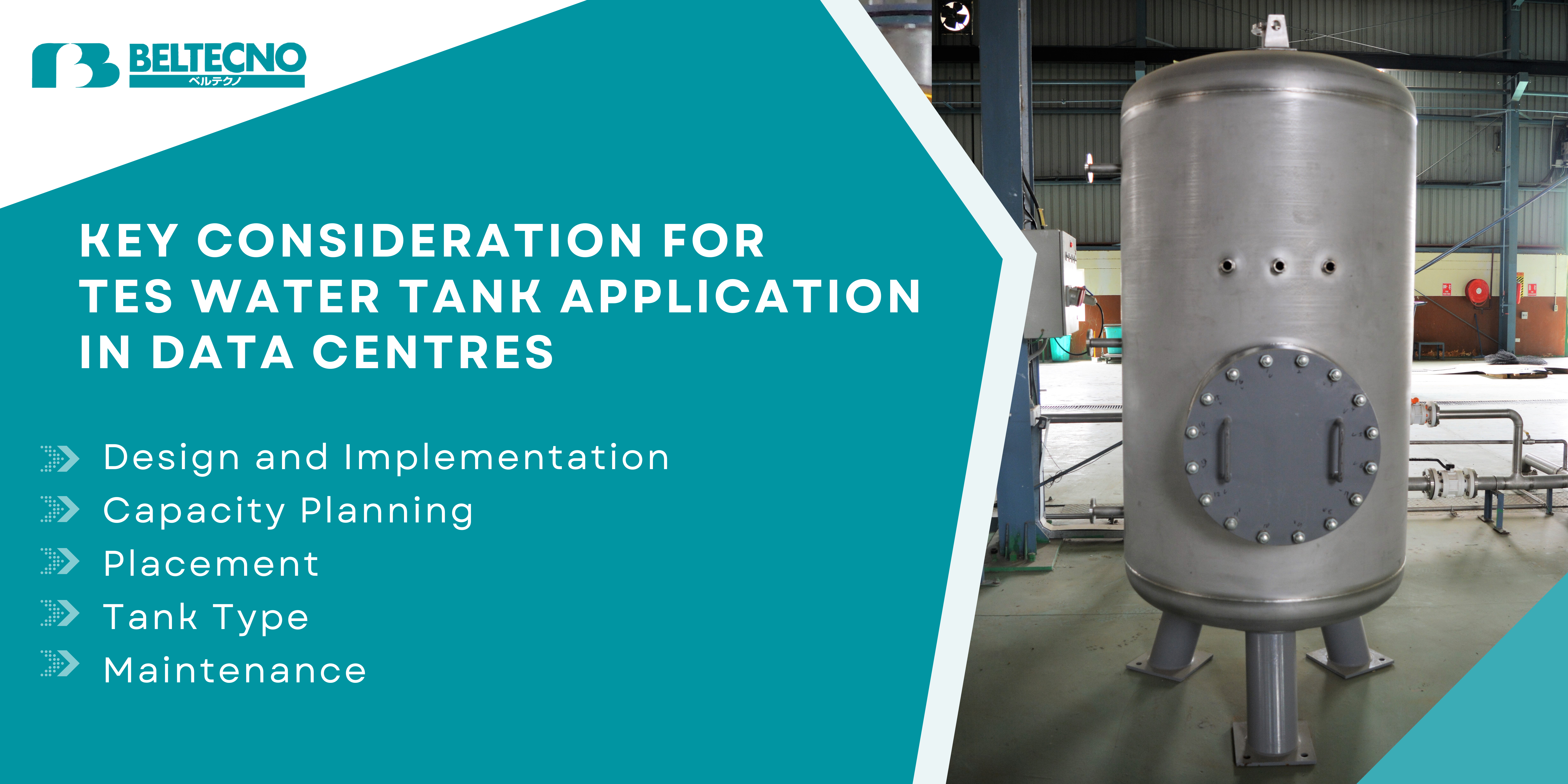 An infographic image showing the understanding of implementing TES water tanks in data centres, emphasising key considerations such as design, capacity planning, tank type selection, placement, and maintenance.